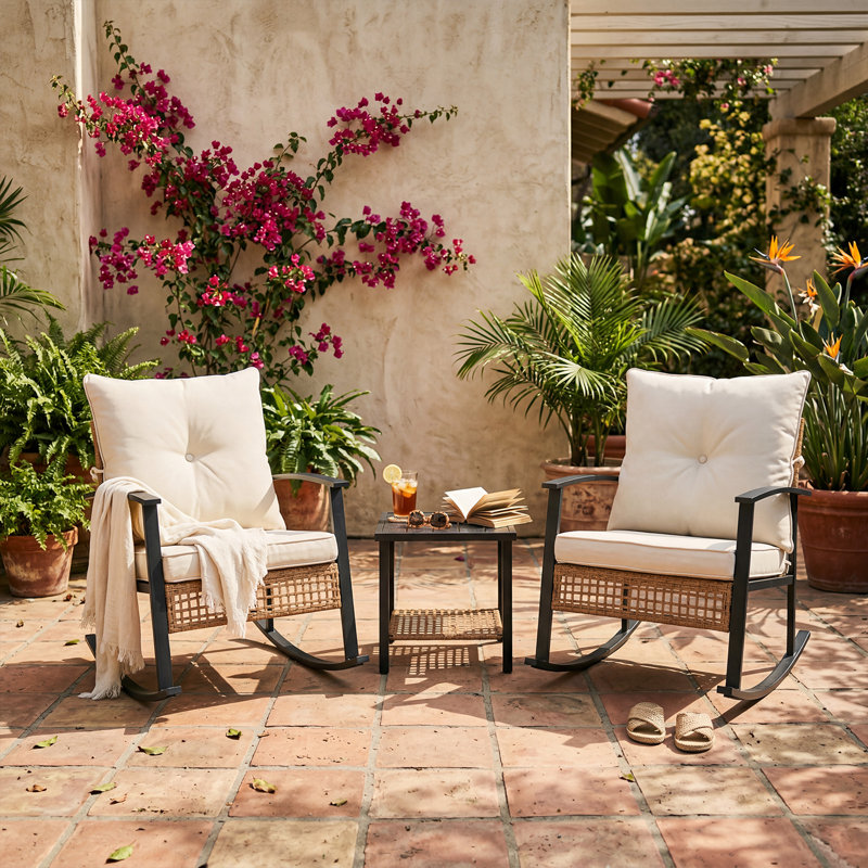 3-Piece Rattan Rocking Bistro Set with Double-Tier Table - Outdoor Water Resistant Patio Set, White