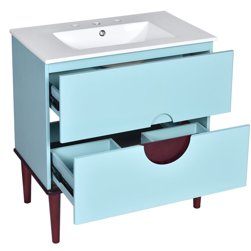 Meuble-lavabo 30 po avec lavabo en céramique et meuble de rangement moderne en bois massif bleu