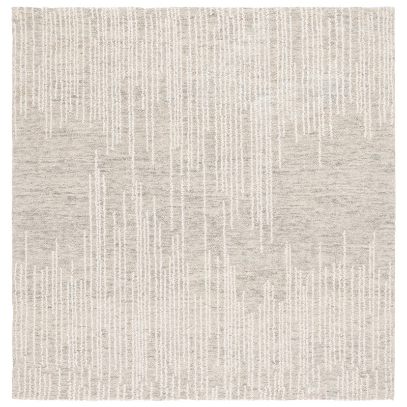 Tapis abstrait en laine / coton touffeté à la main Valeshia gris / gris clair / ivoire, Carré 6 pi