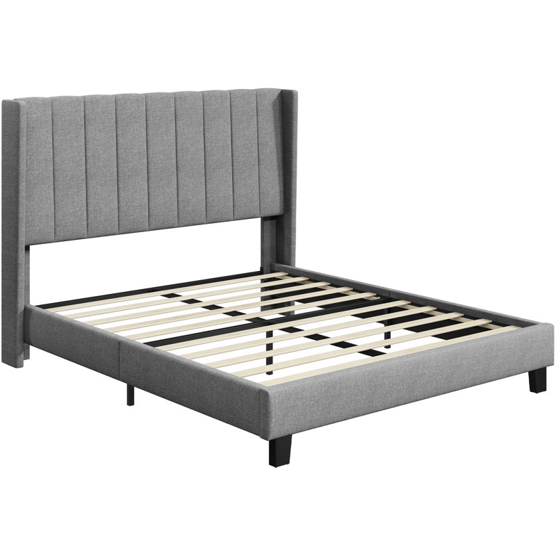 Upholstered Bed Frame with Channel Tufted Headboard, Double (4'6), Light Grey