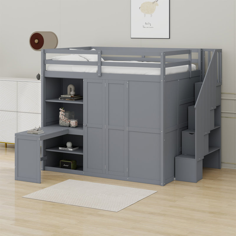 Loft Bed With Wardrobe,Desk And Shelves, Grey