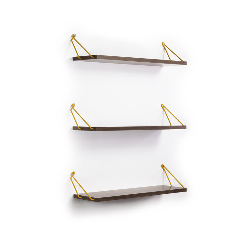 Wall Decorative Bookcase Triple Shelf Rustic - Walnut/Yellow Finish Floating Shelves For Books Design In, Walnut