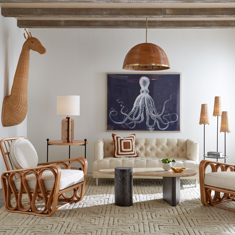Mid-Century Modern Travertine and Oak Coffee Table