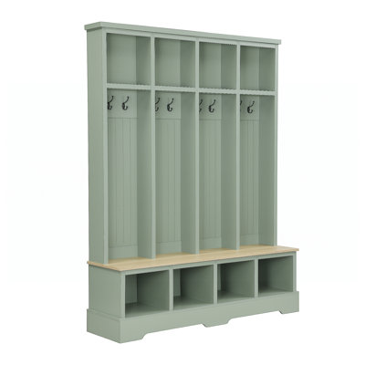 Farmhouse Hall Tree with 8 Hooks, Practical Entryway Bench with Open Compartments, 76.7"H Modern 3-in-1 Wooden Style Coat and Shoe Rack for Mudroom, Living Room, Mint Green