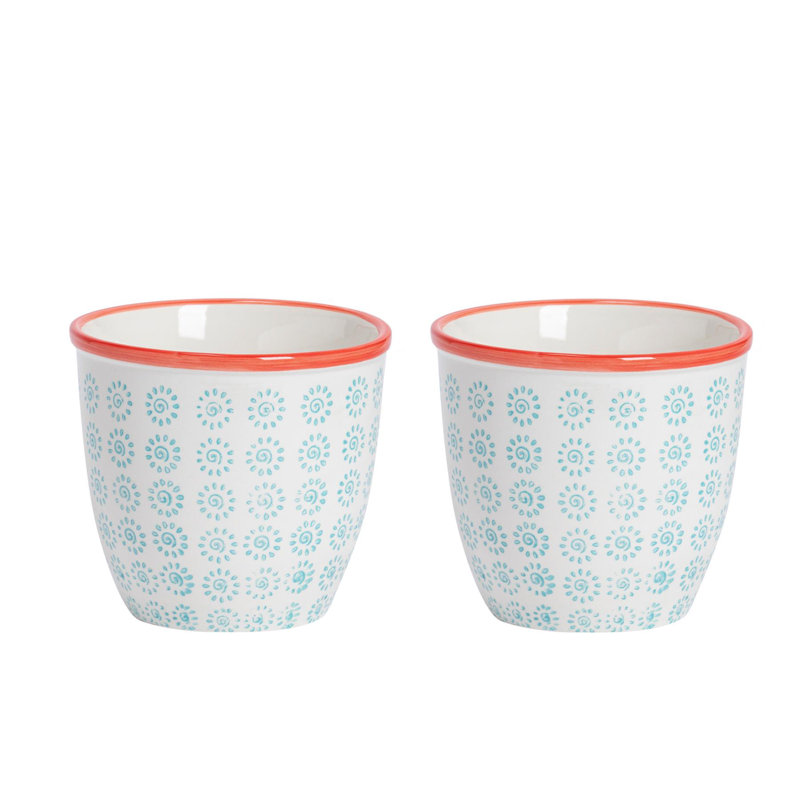 Nicola Spring Hand-Printed Plant Pots - 14cm - Turquoise - Pack of 2, Turquoise/Red