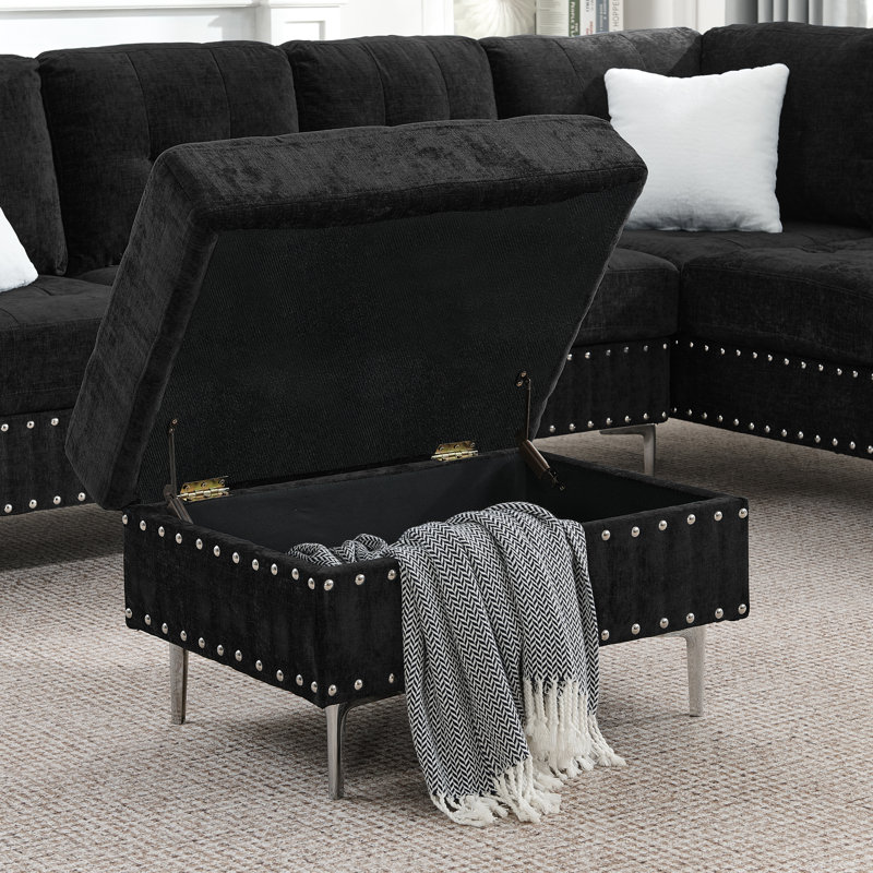 Canapé d'angle en L avec méridienne, canapé trois places avec pouf de rangement et clous en cuivre, Chenille noir