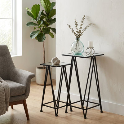 Aeriva Set of 2 Square Metal Modern Tables | Mirror Top | - Black