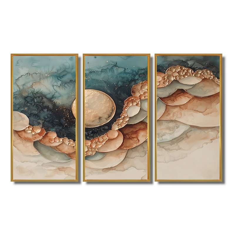 «Eclipse Moon Spiral Of Infinity II», art mural grande lune, 3 panneaux, H 32 po x l 48 po, Doré