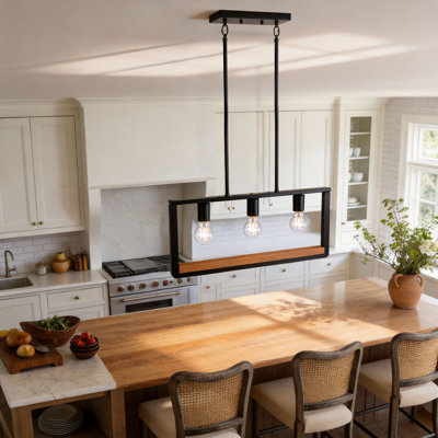 Aldo 23" 3-Light Black Metal Frame with Wood Bar Linear Pendant Light