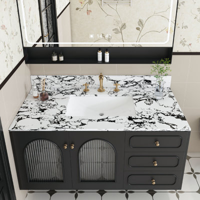 Plateau de meuble-lavabo 43 po x 22 po, avec lavabo et dosseret en céramique encastré, comptoir en marbre artificiel avec 3 trous de robinet, blanc et noir New Carrara (seulement le comptoir du meuble-lavabo) L 42,99 po x l 22,01 po x H 0,71 po Meuble-lavabo blanc
