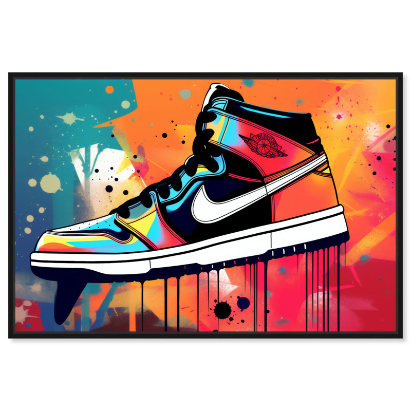 «Colorful Splash Sneaker», impressions sur toile par Notoriart, H 11 po x l 16 po, Cadre noir