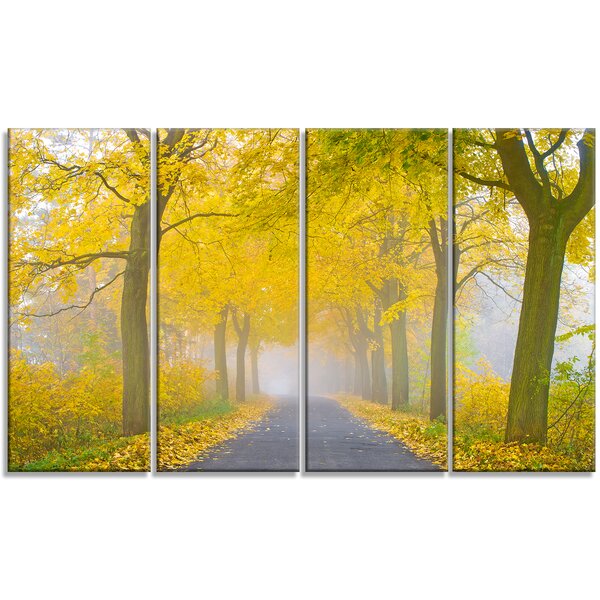 DesignArt Misty Road In Yellow Autumn Forest On Canvas 4 Pieces Print ...