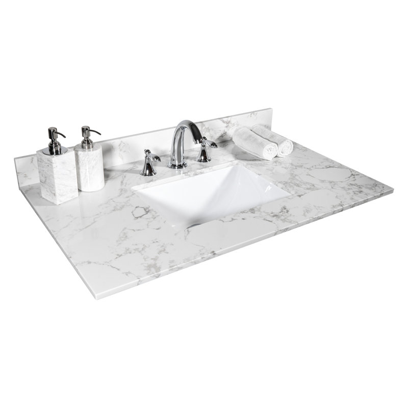 Dessus de meuble-lavabo blanc - pierre 31 pouces avec lavabo en céramique et dosseret élément décoratif attrayant pour un ajout magnifique