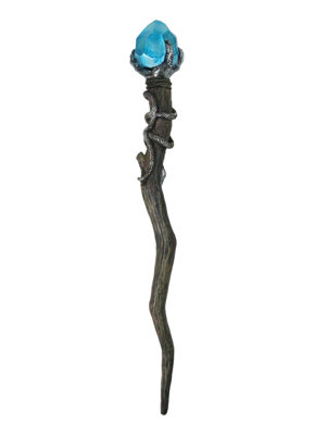 Gothic Fantasy Magic Wand With Skeletal Hand Serpent Coil Blue Crystal Gemstone