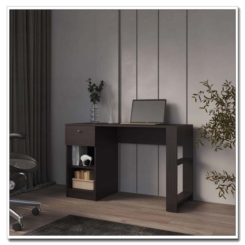 Bureau d'ordinateur Wengue avec 1 tiroir et rangement ouvert