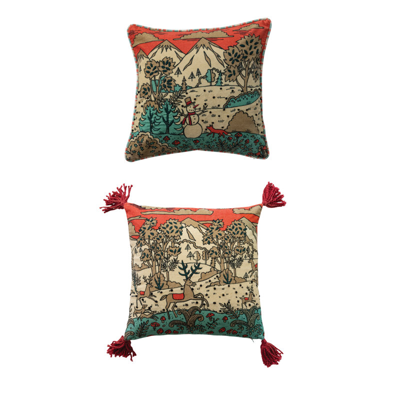 Cotton Velvet Landscape Pillow with Reversible Stripe