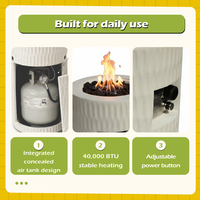 Foyer au propane 26 po, foyer d'extérieur au gaz pour patio 40 000 BTU, foyer en béton cylindrique avec réservoir caché de 20 lb, colonne de feu moderne texturée, avec pierres de lave et couvercle imperméable