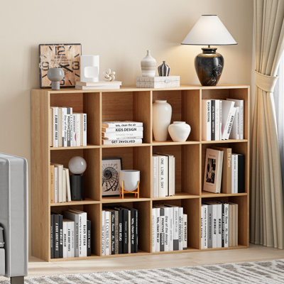 12-Cube Bookcases, Closed Back Bookshelf Storage Unit, Natural Oak Style Cabinet for Living Room Bedroom Office
