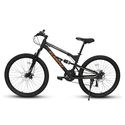 26-Inch Steel Mountain Bike Frame with Front Suspension Fork and 21-Speed Drivetrain, Black and Blue