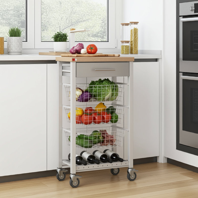 48cm W Steel Kitchen Island and with Locking Wheels, White