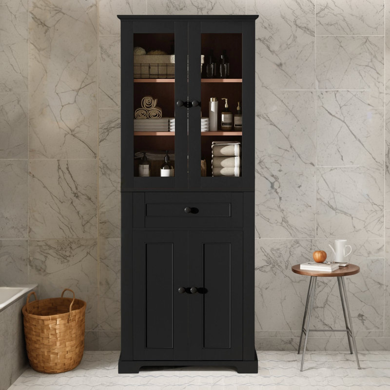 Armoire de salle de bain moderne autoportante en lin avec porte en verre trempé, tablettes et tiroirs réglables et conception à fermeture en douceur pour une expérience utilisateur améliorée.