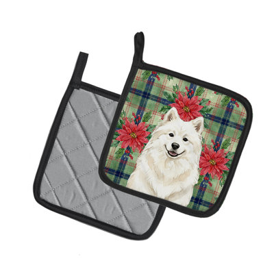 Cream Samoyed Christmas Poinsettas Pair of Pot Holders