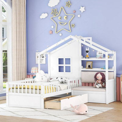 Lit House avec canapé, lit plateforme pour enfants avec deux tiroirs et tablette de rangement