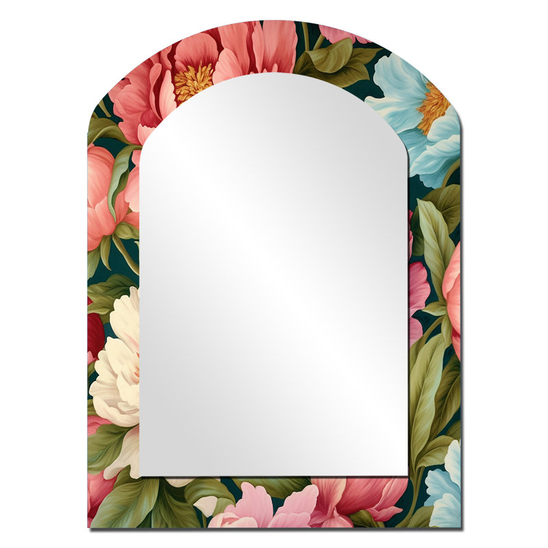 Pivoine rose jardin perfection - miroir mural décoratif asymétrique floral, miroir arqué traditionnel, impression d'art en métal