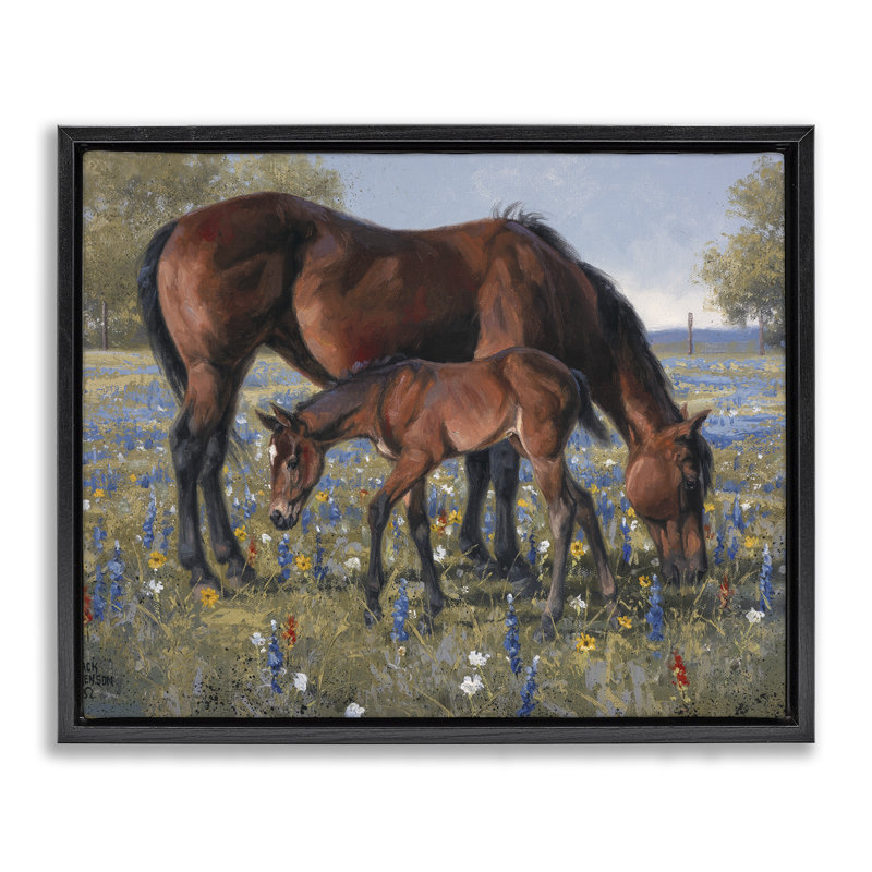 Cheval et poulain, art mural par Jack Sorenson, Cadre flottant noir de jais, H 17 po x l 21 po
