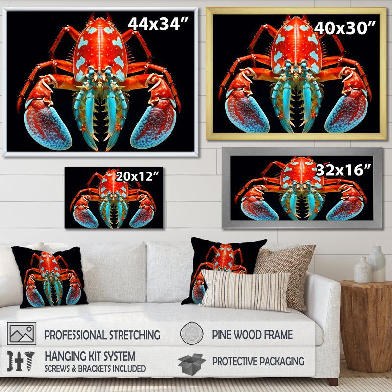 Photo de crevette mante rouge et turquoise sur toile, 16" H x 32" W x 1" D, Black Single Picture Framed