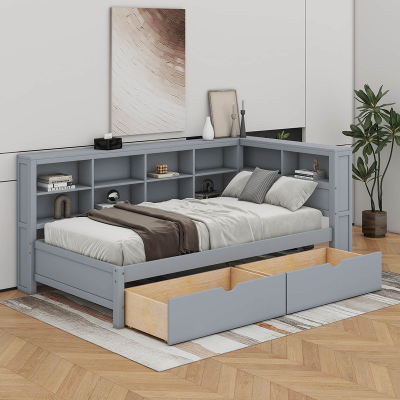 Lit de jour avec tiroirs, tablette et ports de chargement USB, Simple, Gris