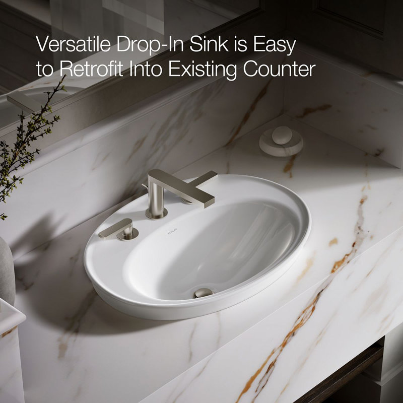 Serif Ceramic Oval Drop-In Bathroom Sink with Overflow, White, 8'' Widespread