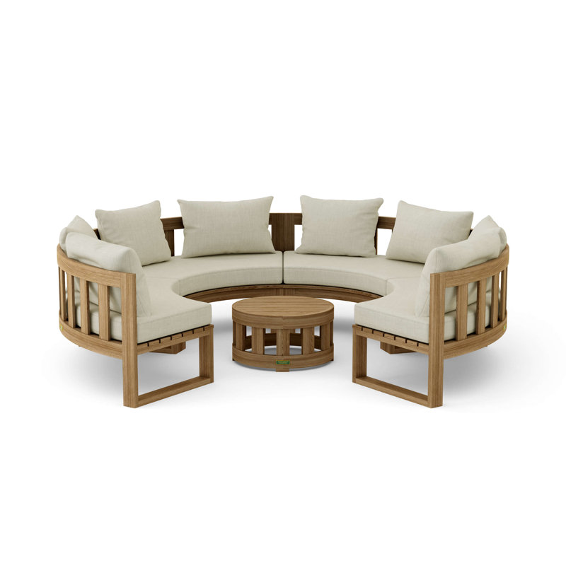 Ensemble de conversation d'extérieur circulaire en teck pour 8 personnes avec coussins, Toile Sunbrella® naturel