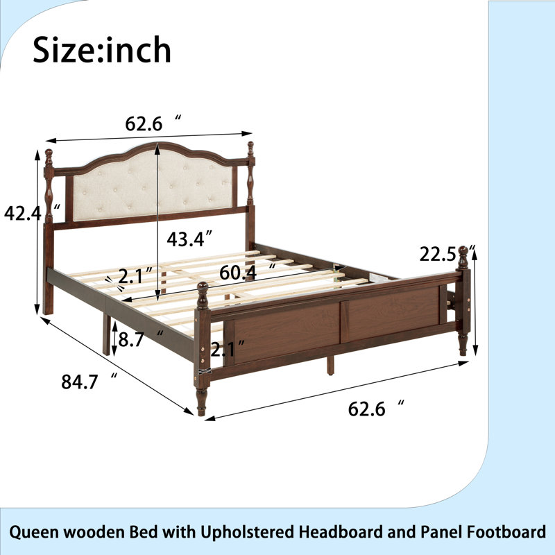 Grand lit en bois de pin avec tête de lit tapissier et pied de lit à panneau, avec deux pieds de support de rail de lit et pieds de support de plateforme centrale, noyer