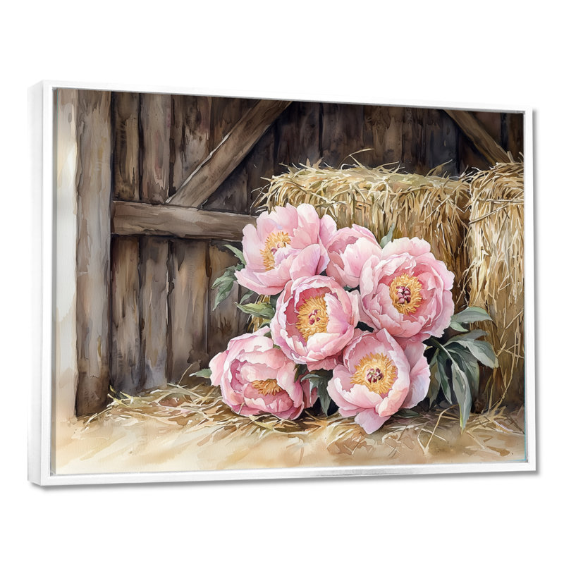 Dortha Farm, pivoines dans le Hayloft I - pivoines, art mural, H 30 po x l 40 po, Impression encadrée flottante, Blanc