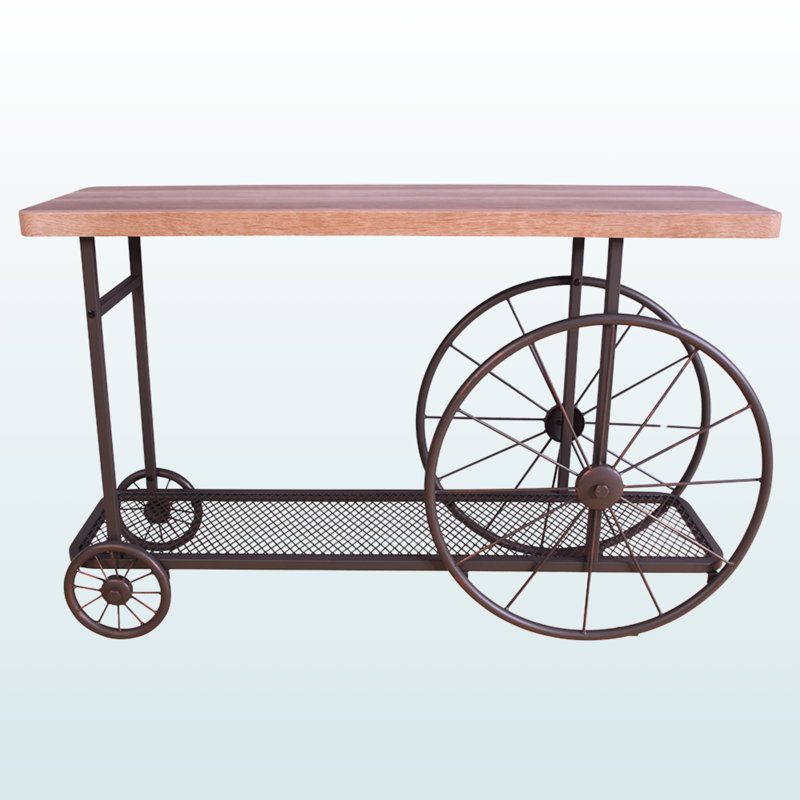 Quartz Oak & Antique Gray Sofa Table – Chic Cart-Style Table with Bottom Shelf, Wheels & Handpainted Bronze Finish for Home