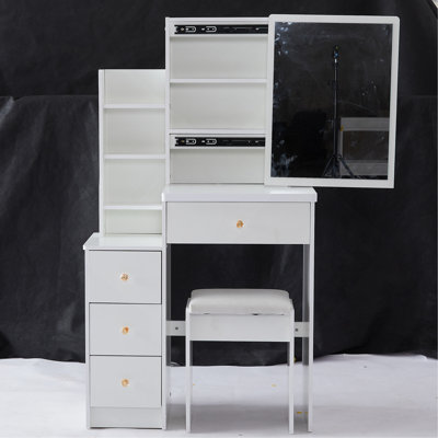 29.2" Small Space Left Bedside Cabinet Vanity Table + Cushioned Stool, Extra Large Right Sliding Mirror, Multi Layer High Capacity Storage, Practical Fashionable Dresser, Suitable For Small Space