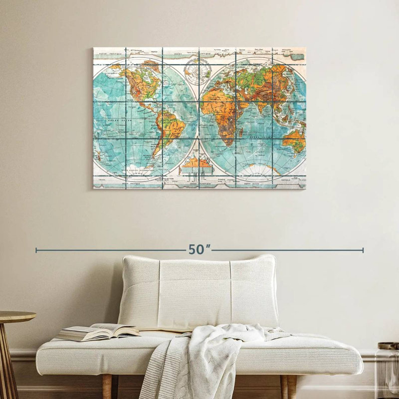 Globe terrestre carte du monde sur toile, H 26 po x l 39 po x P 1,25 po