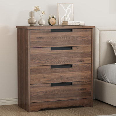Table de chevet 4 tiroirs pour chambre à coucher, table de chevet moderne avec poignées intégrées, table de bout en bois anti-basculement - noyer