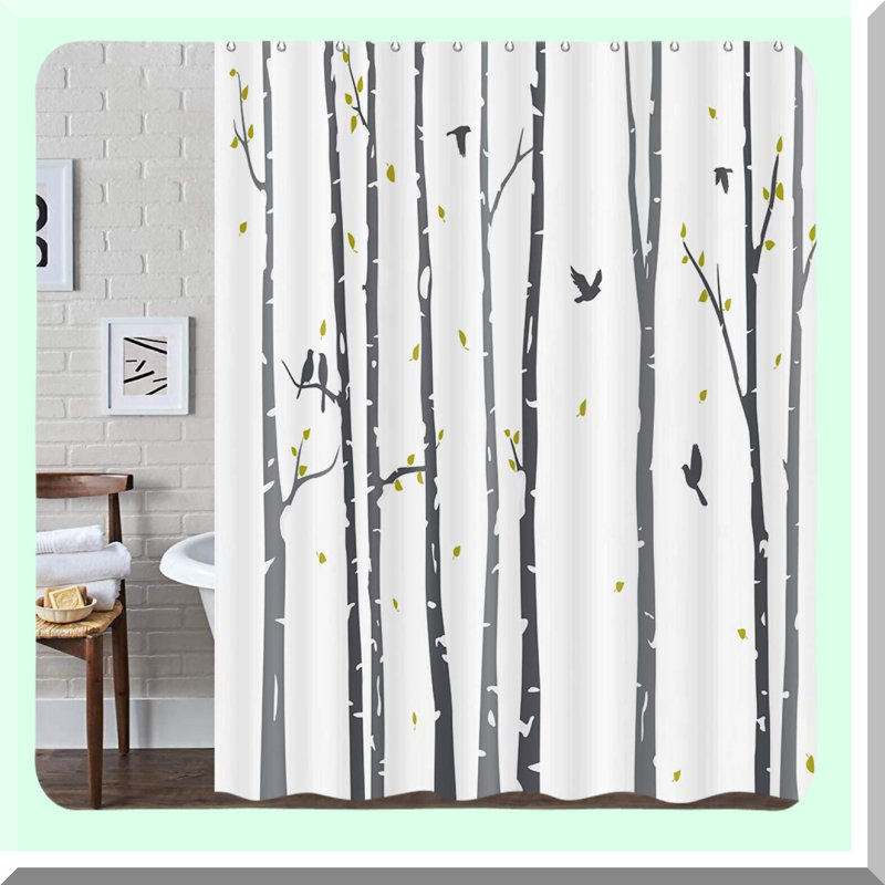 Rustic Birch Forest Shower Curtain - Neutral Grey Tree Design with Rowley Birds, Black and White Abstract Bathroom Decor, Hooks Included