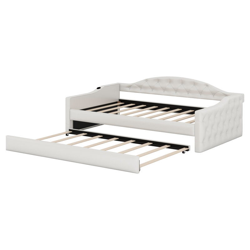 Lit de jour capitonné capitonné avec couchette, avec ports de charge USB et Type-C, Beige