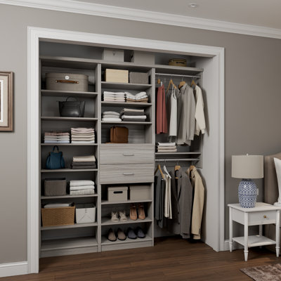 Grey Oak 58.5" Floor-Mounted Single Wall Closet System with 3 Sections, 2 Clothing Rods, 14 Shelves & 2 Slab Drawers