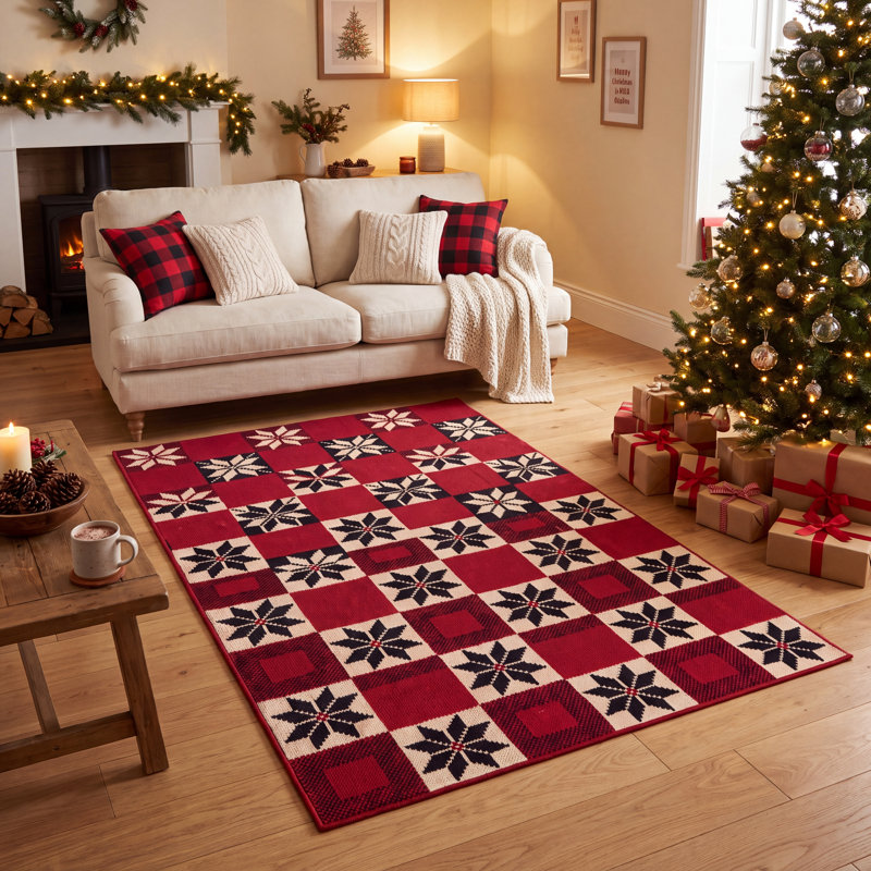 Tapis de Noël moderne géométrique rouge, noir et crème, antidérapant, à poils courts, pour l'intérieur et l'extérieur, adapté aux animaux de compagnie, salon, chambre, salle à manger, entrée, couloir, bureau, tapis de Noël, paillasson de Noël saisonnier, style scandinave Fair Isle, tapis de cuisine lavable pour zones de passage intense