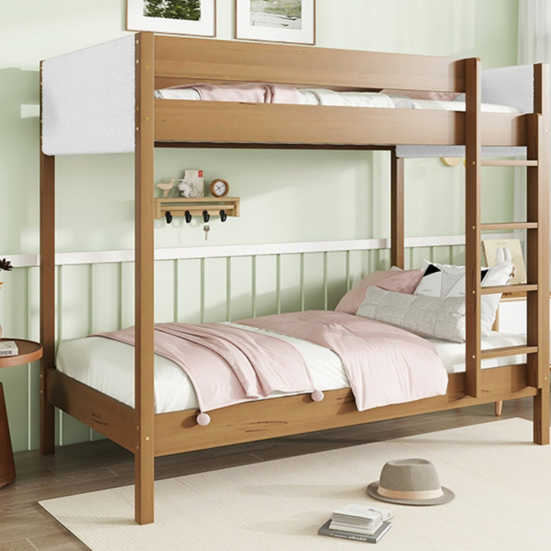 Lit superposé simple au-dessus de simple avec tête et pied de lit rembourrés Boucle, échelle, garde-corps de sécurité, structure en bois d'hévéa, naturel