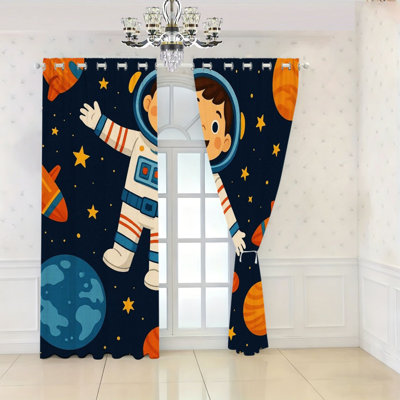 2Pcs Cute Astronaut and Rocket Pattern Blackout Curtains, Fun Space Theme Window Drapes for Room, Living Room, Bedroom Decoration, Perfect Boys', Home Decor