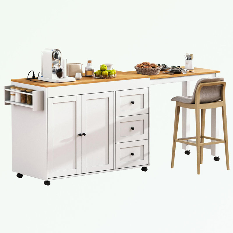 Kitchen Island with Extendable Dining Table, 3 Drawers and Power Outlet, White