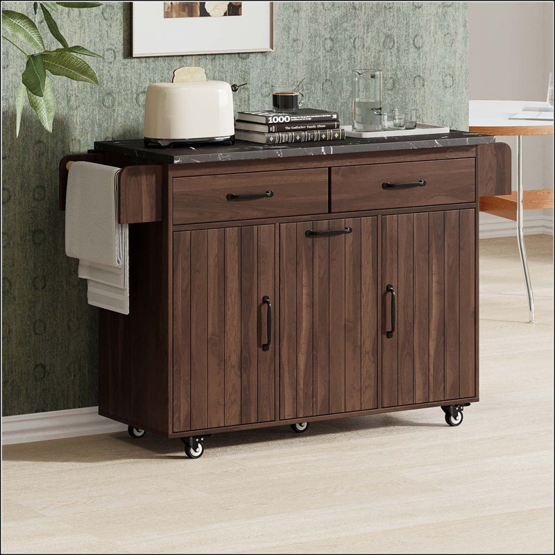 Îlot de cuisine avec poubelle basculante, abattant, rangement et chariot roulant, Walnut Brown