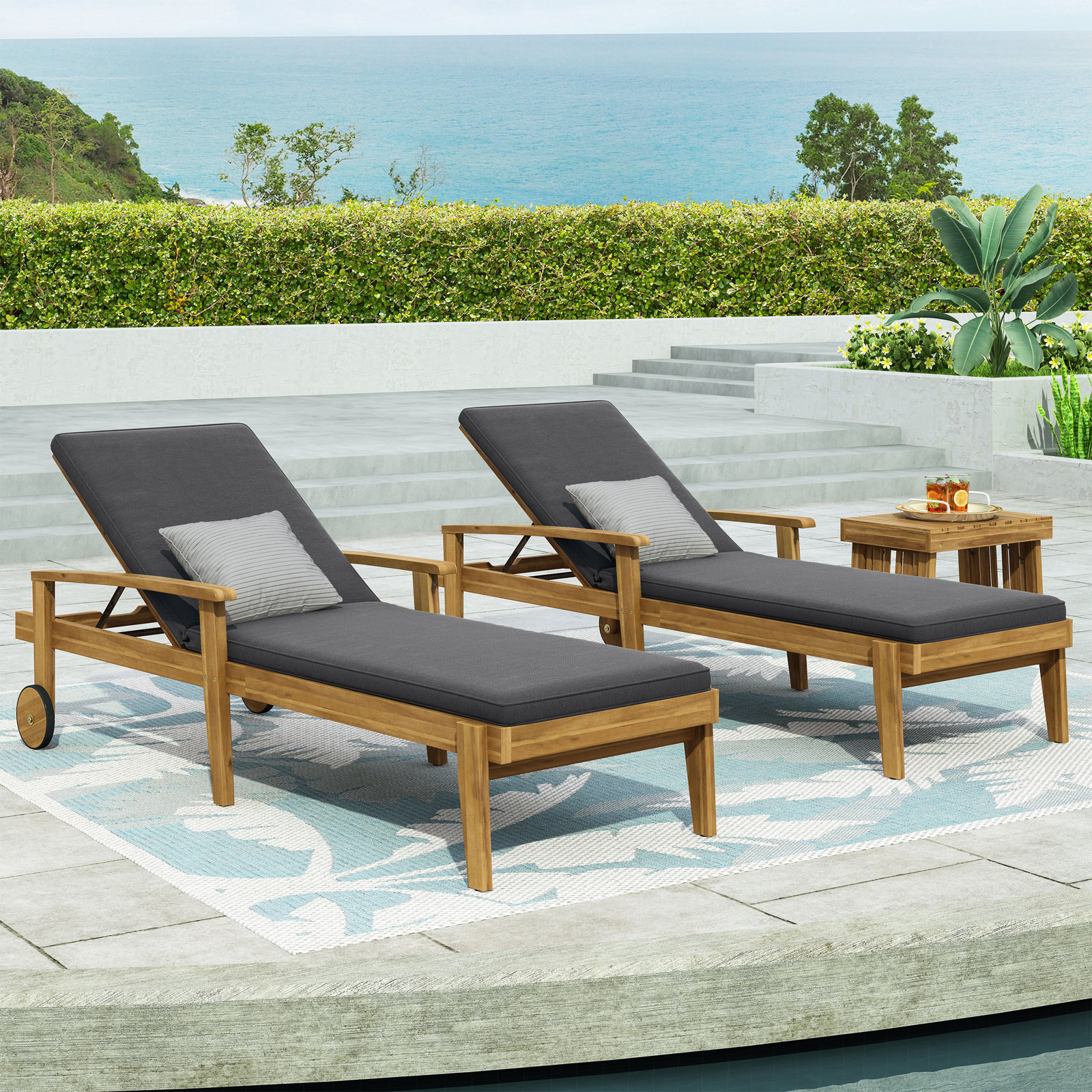 Saeon 78.75" Long Reclining Acacia Single Chaise with Cushions , Dark Gray