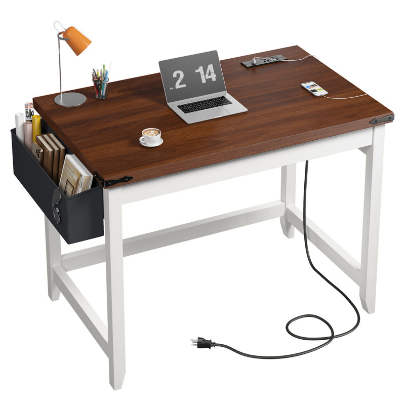 Petit bureau d'ordinateur avec prise de courant, bureau à domicile pour chambre à coucher, bureau d'écriture avec sac de rangement