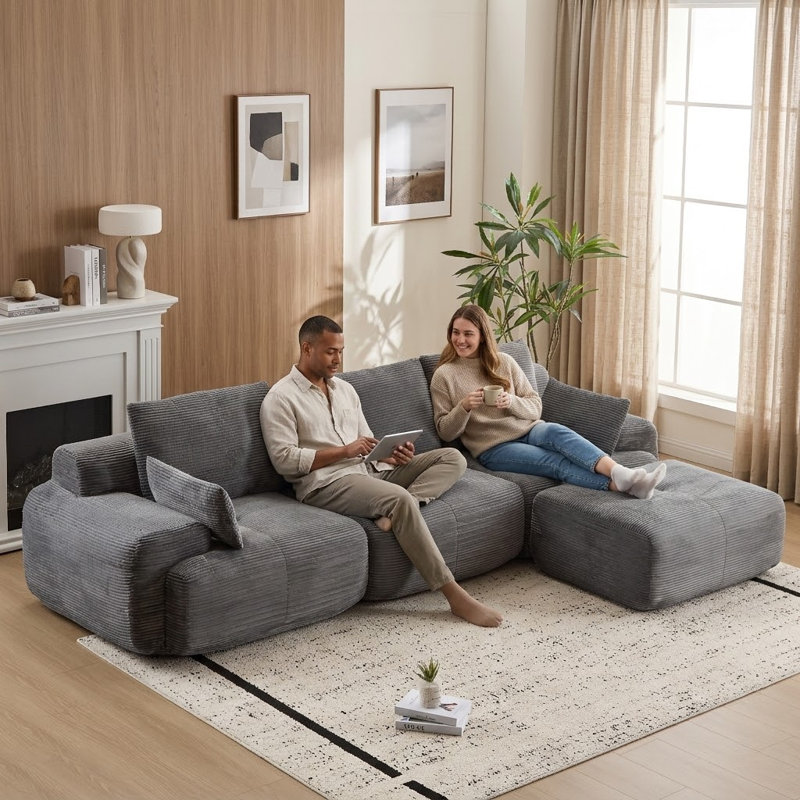 Modern Extra Deep Compression Corduroy Modular Sectional, Gray